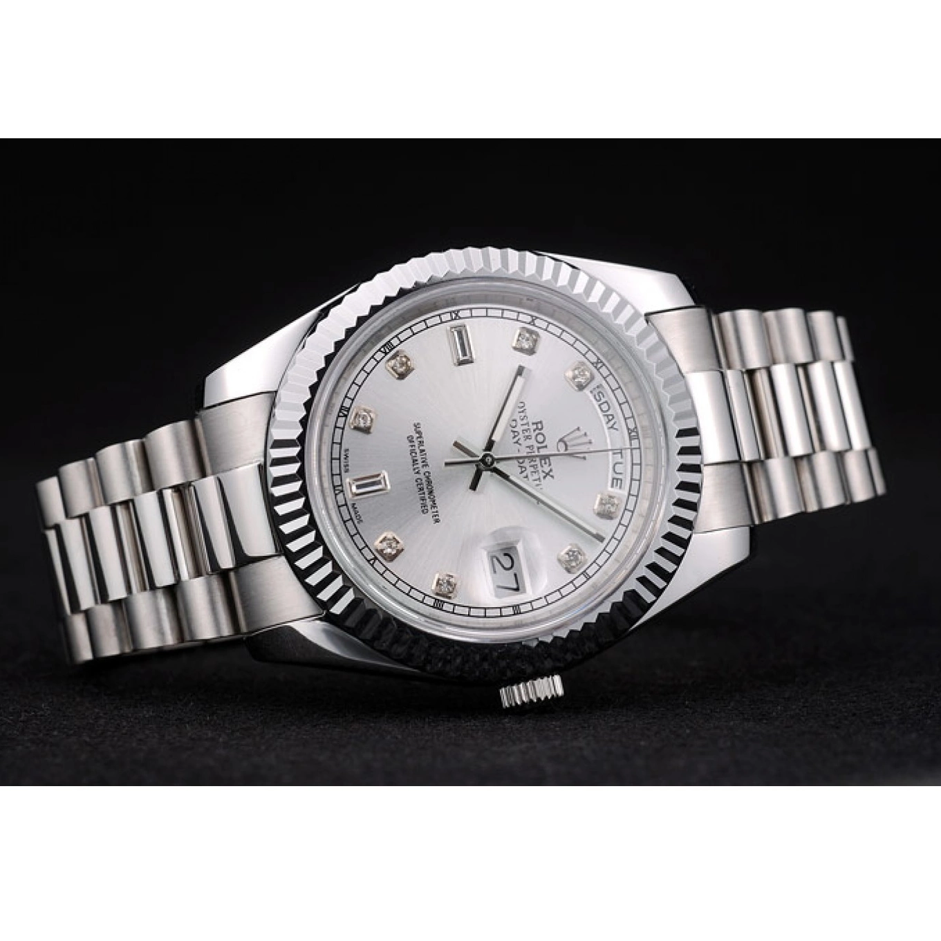 Aaa replica watch Bezel Rolex Swiss Ribbed Silver 41995 DayDate Stainless Steel Dial 0801